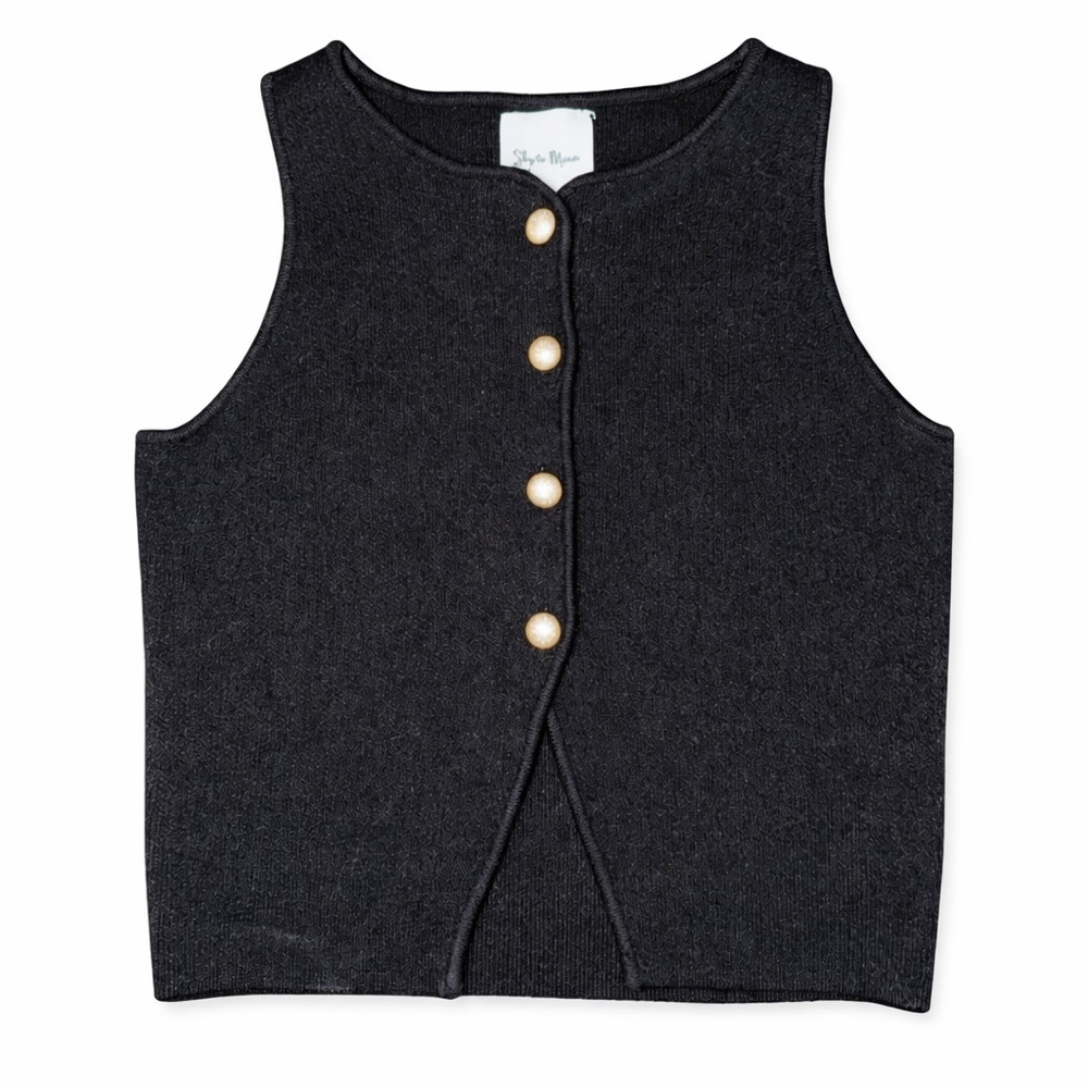Shy to Moon Knit Sweater Vest‎ Black Button Front Minimalist -Size S